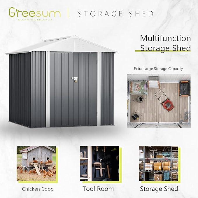 Greesum 6x4FT Outdoor Storage Shed, Utility Tool Shed Metal Storage Garden Shed with Door & Lock for Patio Storage, Gray