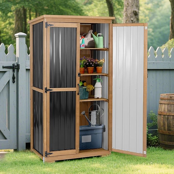 Outdoor Storage Cabinet with Shelves Outside Storage Shed Weather-Resistant with Waterproof Roof, Patio Pool Garden Garage Storage Cabinet Tool Organizer