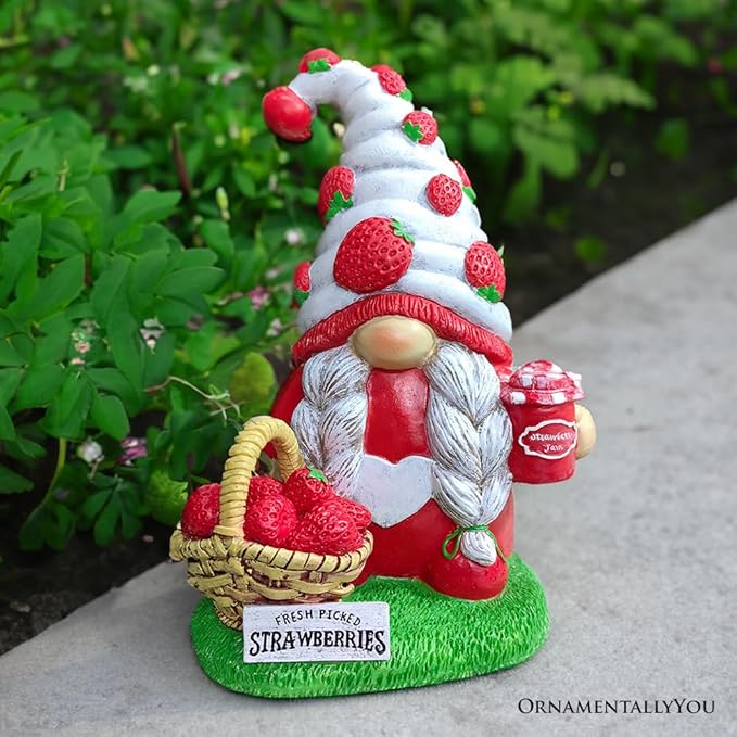 Spring & Summer-Themed Garden Statues – Adorable Outdoor Decor for Lawn, Patio & Porch (Charming Homestead Strawberry Gnome Garden Statue, 9.5" Farmhouse Style Unique Fruit Home Decor)