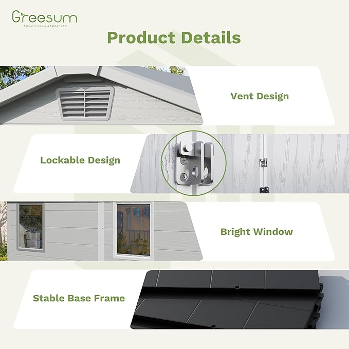 Greesum 6x8FT Plastic Outdoor Storage Shed with Floor, Resin Sheds with Lockable Double Door, Windows & Vents, All-Weather Tool Sheds for Garden, Backyard, Patio, Light Gray