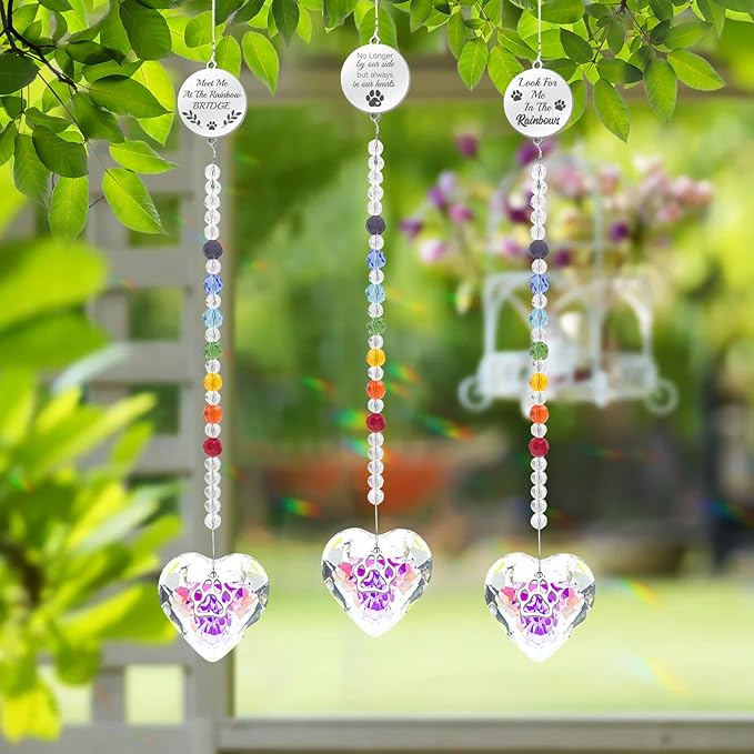 Pet Memorial Gifts for Dogs Rainbow Bridge Dog Memorial Gifts for Loss of Dog Rainbow Maker Heart-Shaped Crystal Suncatcher with Sympathy Card Dog Memorial Ornament Windows Hanging Decor