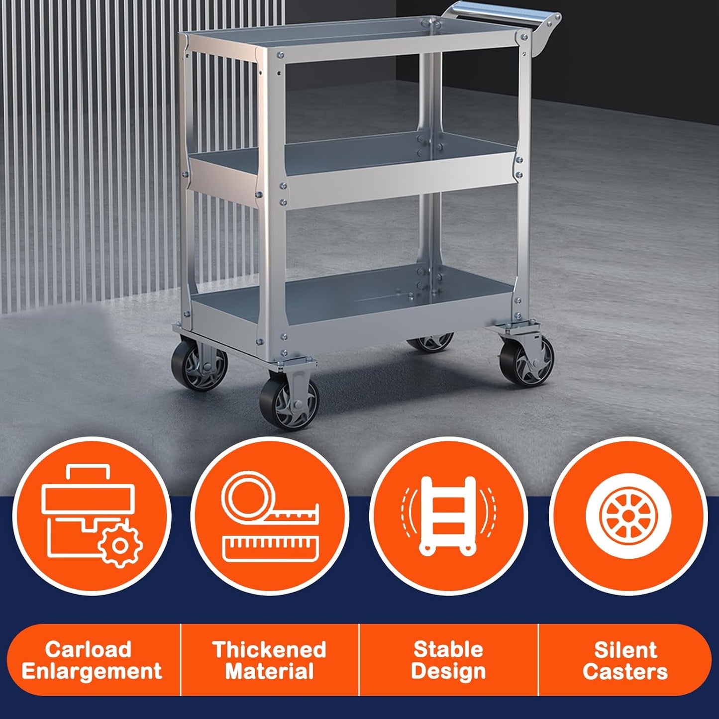 DDJ Stainless Steel Utility Cart on Wheels, 3-Tier 1100 lbs Heavy Duty Tool Cart with Wheels, Commercial Rolling Service Cart for Garage Workshop Warehouse Mechanic Kitchen 18.1" D x 30.7" W x 36.2" H
