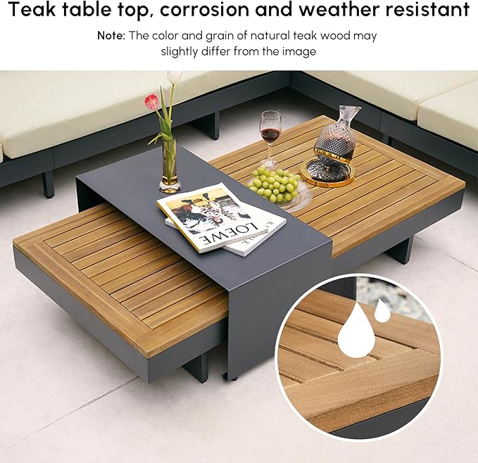 homary 6 Piece Aluminum & Teak Outdoor Sofa Set, Patio Conversation Sets Modular Outdoor Sofa with Covers, Waterproof, Fade Resistant Cushions Ideal for Patios & Balconies, Beige