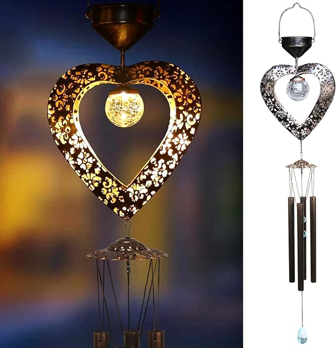 Solar Wind Chimes for Outside Deep Tone Heart LED Crackle Glass Ball LED Decor Light Metal Elegant Hanging Decorations Gifts for Mom Women Yard Porch Birthaday Christmas (Bronze)…