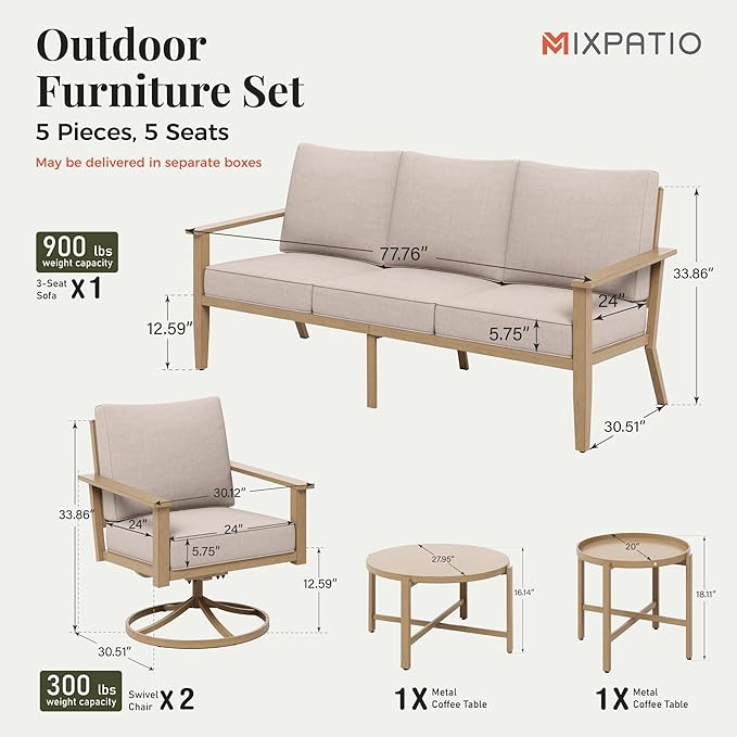 5-Piece Patio Outdoor Conversation Furniture Set with 2 Swivel Chairs, Steel Modern Outdoor Patio Conversation Sets with Waterproof Thick Cushions for Porch, Balcony, Backyard-Beige