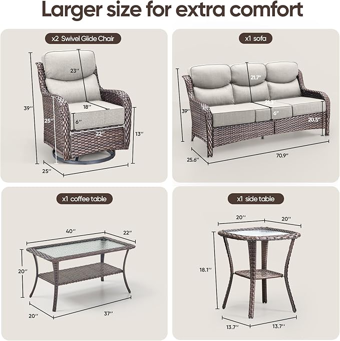 Swivel Patio Chairs sofa Set of 5 with 6" Thick Cushion - Wicker Outdoor Swivel Rocker Patio Chair ,Sofa/Glass coffee table, High Back Comfortable Outdoor Glider Chairs - Brown Wicker | Beige Cushions