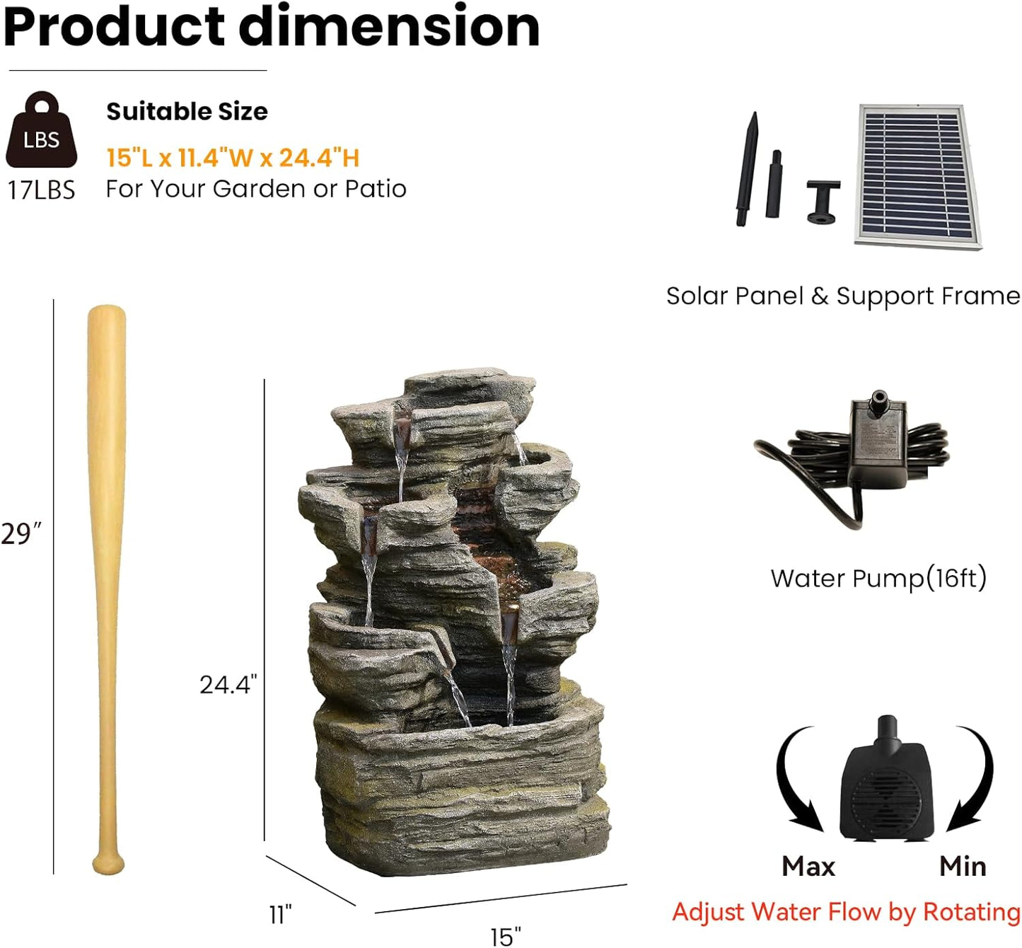 6-Tier Solar Water Fountain Outdoor, 24.4" H Cascading Rock Feature Garden Fountains and Waterfalls with Light, Pump, Solar Panel for The Patio, Deck, Porch, Backyard Home Décor, Stone Gray