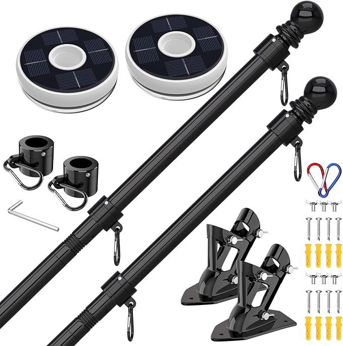 ZMTECH 2 Pcs 6 FT Flag Pole with Solar Light - Adjustable Bracket, Stainless Steel Flag Poles for Outside House, Tangle Free Flag Pole Holder Kit for American Flag (Without Flag, Black)