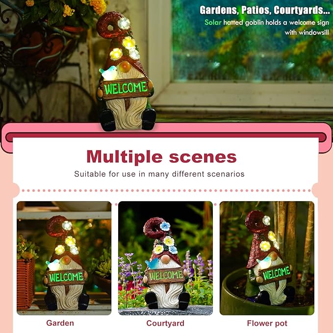 Welcome Gnome Solar Statue Decor for Yard Decorations - 10 Inch Gnome Statue Decor for Outdoor,Perfect Garden Gifts for Women,Mom