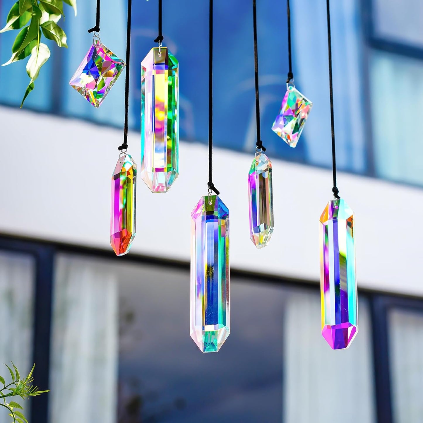 HDCRYSTALGIFTS Set 7 Crystal Sun Catcher Prisms, AB Colored Suncatcher Crystals Indoor Window Hanging Christmas Ornaments Rainbow Maker Prisms for Home Garden Decor