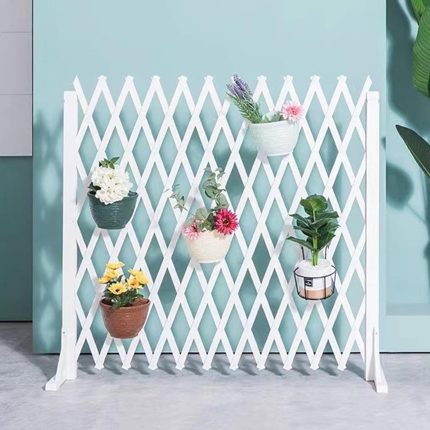 Expandable Wooden Lattice Fence - Retractable Garden Fencing Panel, Stretchable Trellis for Climbing Plants, Freestanding Pet Screen, No Dig Vertical Rack - White, 47.24"x13.77"