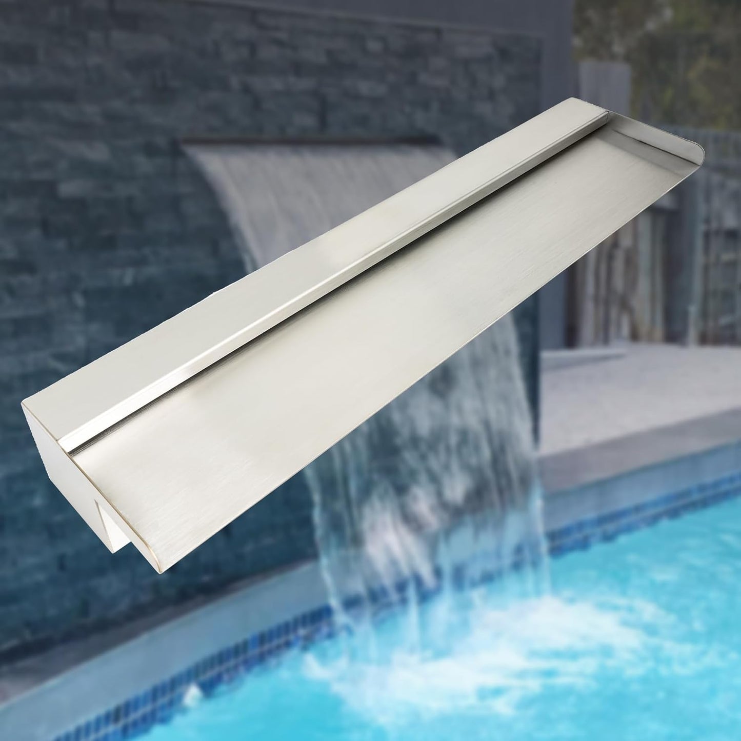 24 Inch Pool Fountain 304 Stainless Steel Waterfall Spillway with Pipe Connector Kits, Wider Water Flow Sheer Descent Platform Water Feature Fountain for Swimming Pool, Outdoor Garden Decor