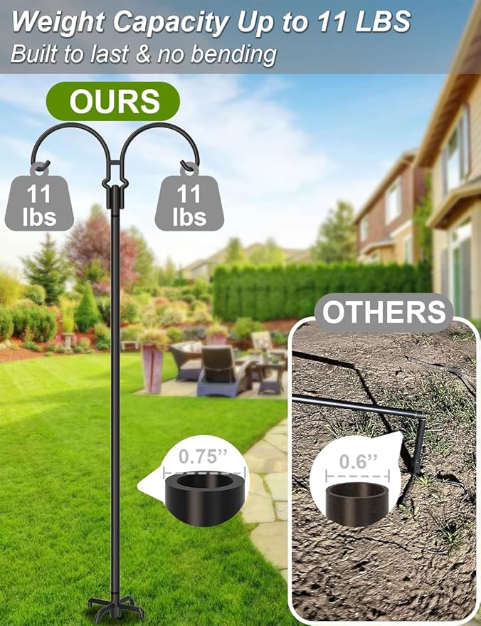 Outdoor Double Shepherds Hook with 5 Prong Base, 76 Inch Adjustable Heavy Duty Two Sided Bird Feeder Pole Stand for Hanging Plant Baskets, Solar Light Lanterns, Hummingbird Feeder, 1 Pack