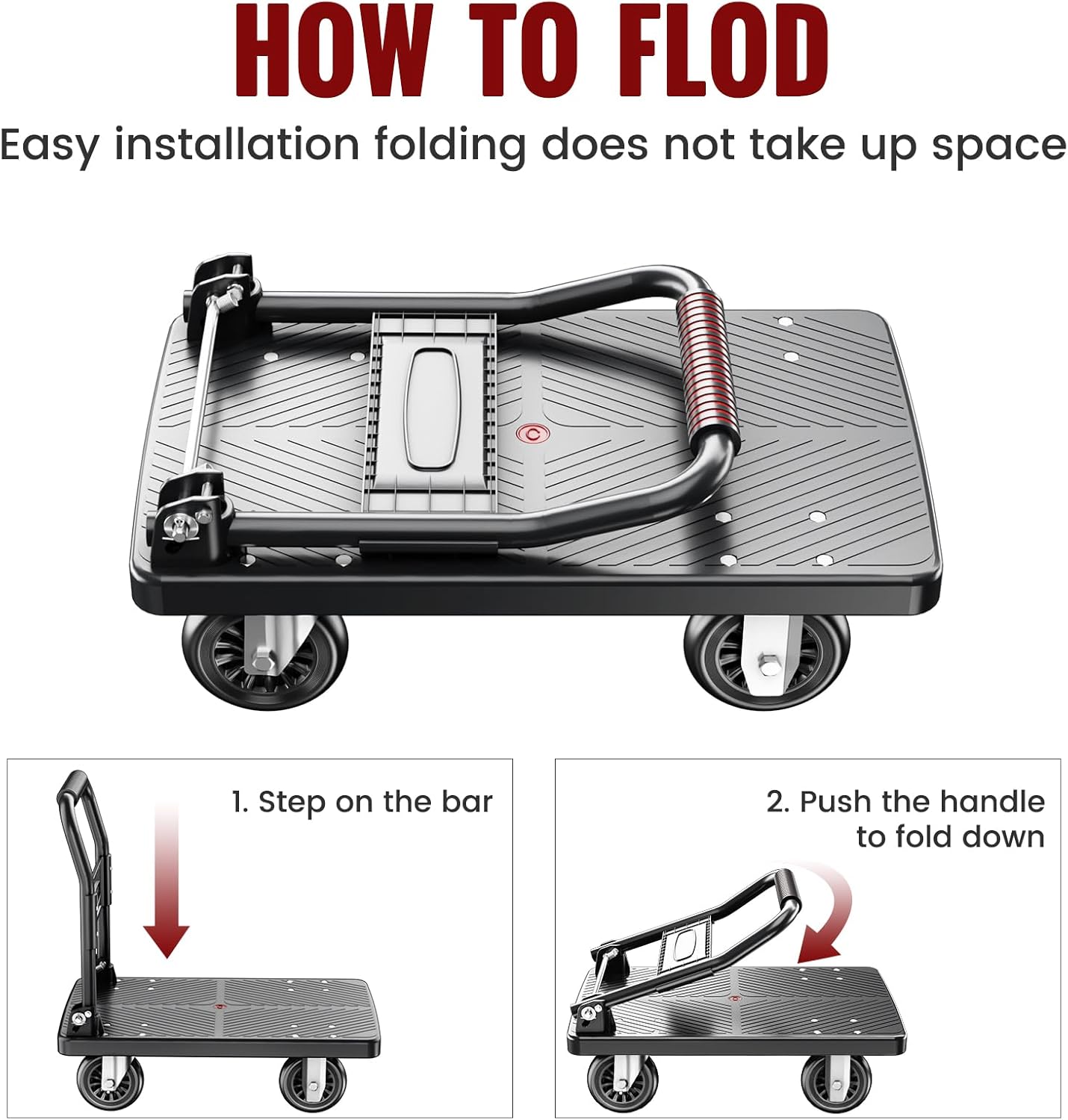 Upgraded Foldable Push Cart Dolly | 880 lbs.Capacity Moving Platform Hand Truck | Foldable for Easy Storage | 5'' PU 360 Degree Swivel Silent Wheel-Black