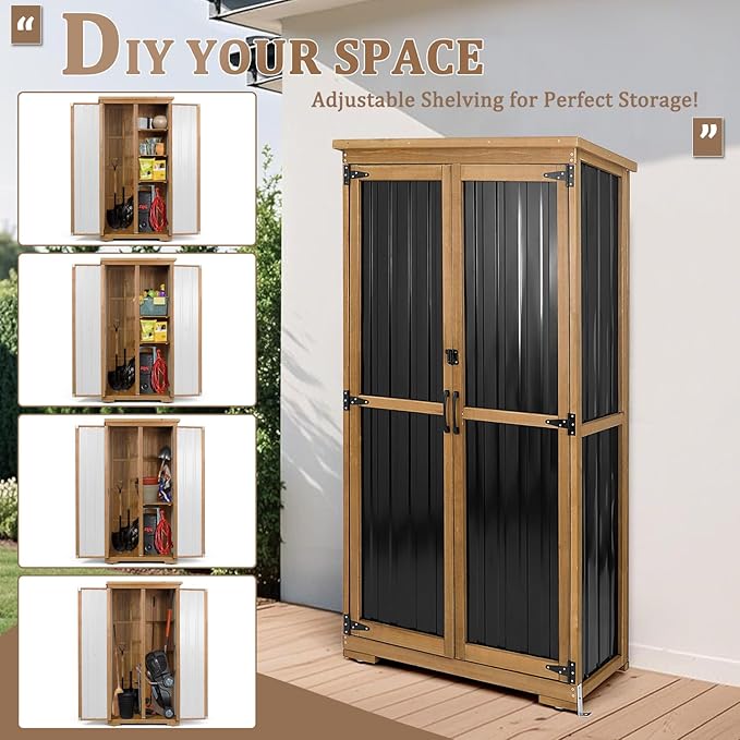 Outdoor Storage Cabinet with Shelves Outside Storage Shed Weather-Resistant with Waterproof Roof, Patio Pool Garden Garage Storage Cabinet Tool Organizer