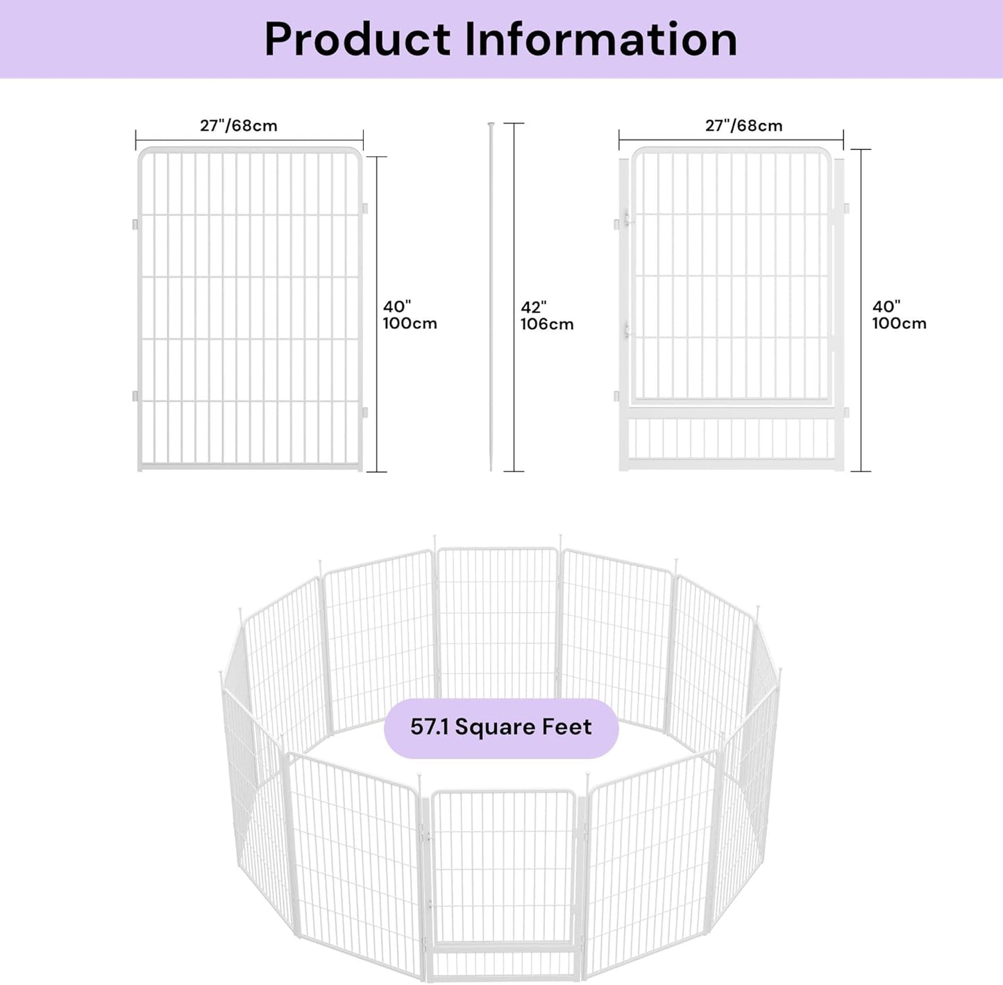 Decorative Garden Fence with Gate 40 in(H) x 26.8 ft(L) 12 Panels, Heavy Duty Metal Animal Barrier Fence for Yard, Flower Bed Fencing, Garden Border Fence, Easy Set Up, White