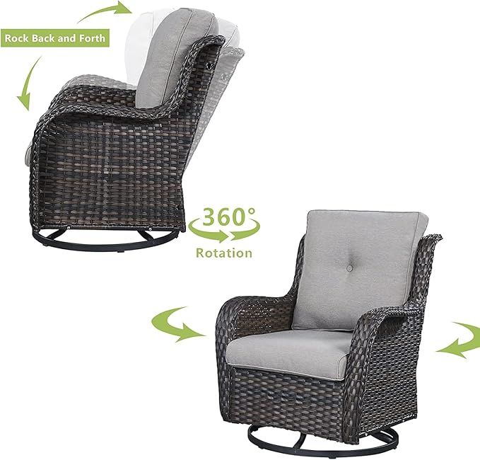 HUMMUH Patio Furniture with Fire Pit 4-Piece Wicker Outdoor Sectional Couch and Swivel Rocking Chairs, Propane Fire Pit Conversation Set for Garden, Backyard, Deck