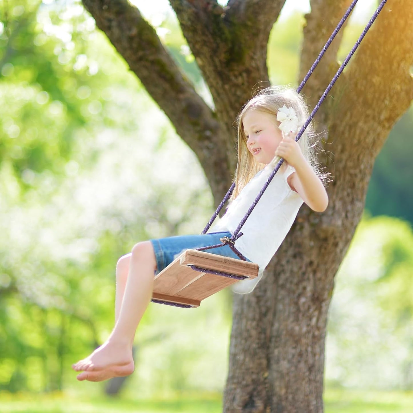 Teak Wooden Swing, Outdoor Wood Tree Swing Seat for Kids or Adults for Backyard Columpio, Height Adjustable (20.5x7.5inch)