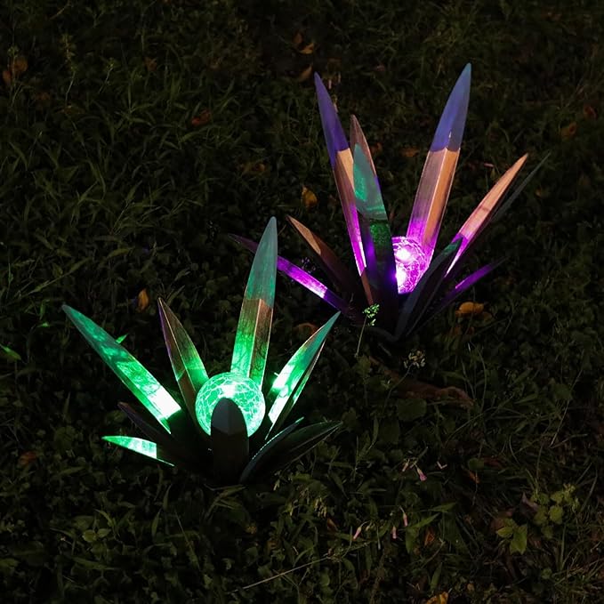 Metal Agave Plant Garden Art, 2 Pack Big Tequila Rustic Sculpture, Rustic Metal Agave Plants Garden Lawn Home Ornaments, for Yard Stakes, Garden Figurines, Outdoor Patio (2 PCS Colorful with Light)
