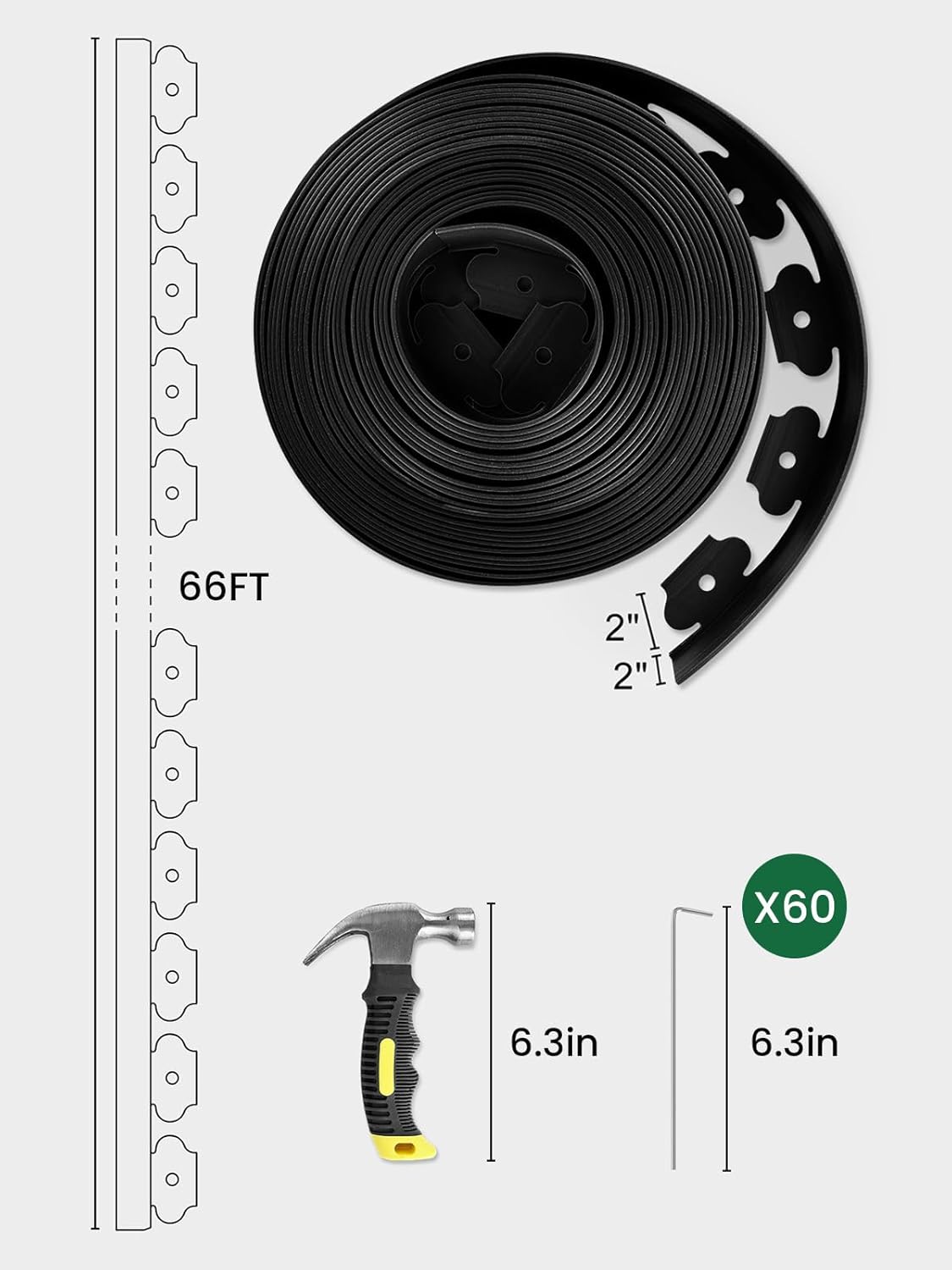 GROWNEER 66FT Landscape Edging Flexible 2 inch Tall Garden Border with 60pcs Galvanized Steel Anchoring Spikes and Hammer Lawn Edging Kit for Flower Bed, Pathway, Landscaping Project, Black