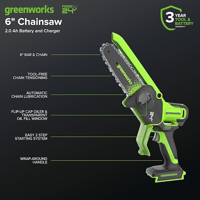 Greenworks 24V 6in BL Pruning Saw w/Auto Oiler, (1) 2.0Ah Battery & 2A Adapter Charger