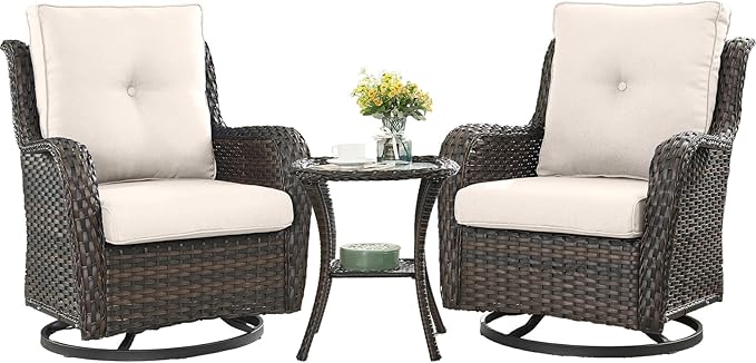 HUMMUH 3-Piece Swivel Rocking Rattan Chair Outdoor, Patio Bistro Furniture Conversation Set, Cushioned Wicker Chair with Glass Coffee Table (Brown, Beige)