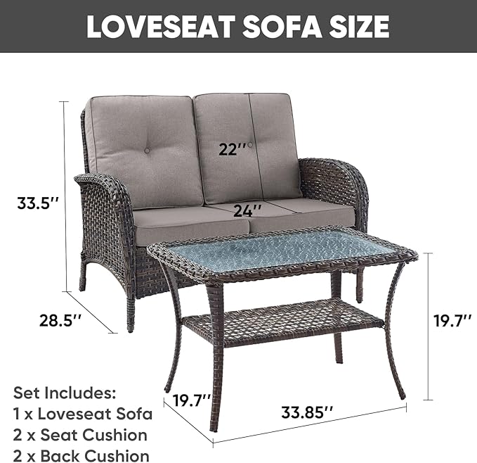 HUMMUH Outdoor Loveseat Sofa 2-Seat PE Wicker Outdoor Couch with Coffee Table,Deep Seat High Back Outdoor Patio Furniture for Patio,Garden,Porch,Deck(Grey)