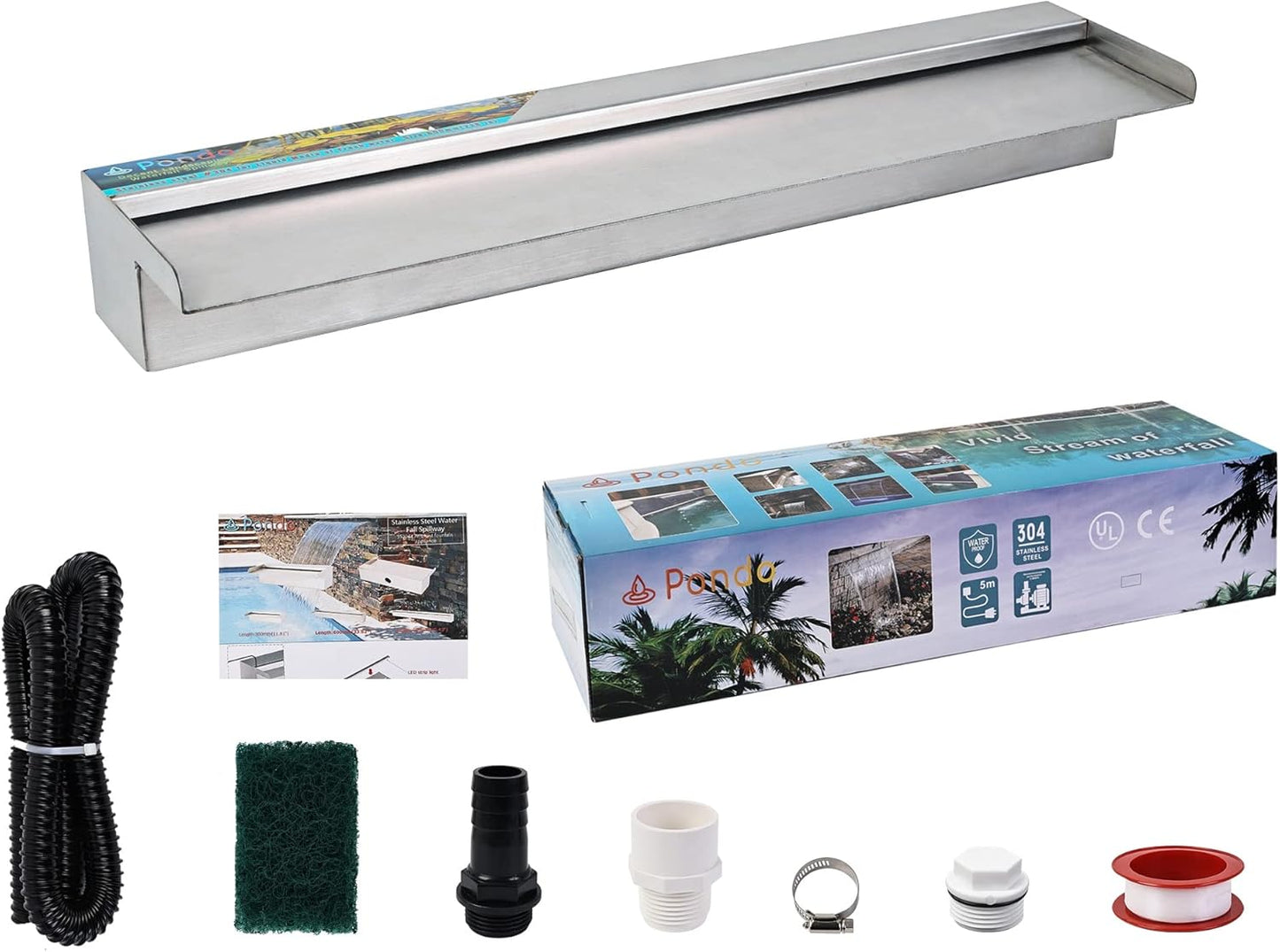 YUDA 24 Inch Water Pool Fountain, 304 Stainless Steel Pool Waterfall with Wider Water Flow Platform, Professional Waterfall Spillway for Sheer Descent Garden Outdoor