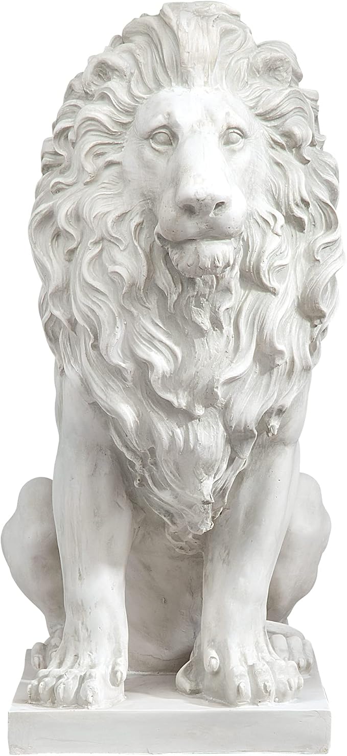 Design Toscano Lion of Florence Sentinel Statue (13 Inches Wide, 21 Inches Deep, 28 Inches High) and Classic Statuary Garden Plinth Base Riser, Large (15 Inches Wide,14 Inches Deep,15 Inches High)