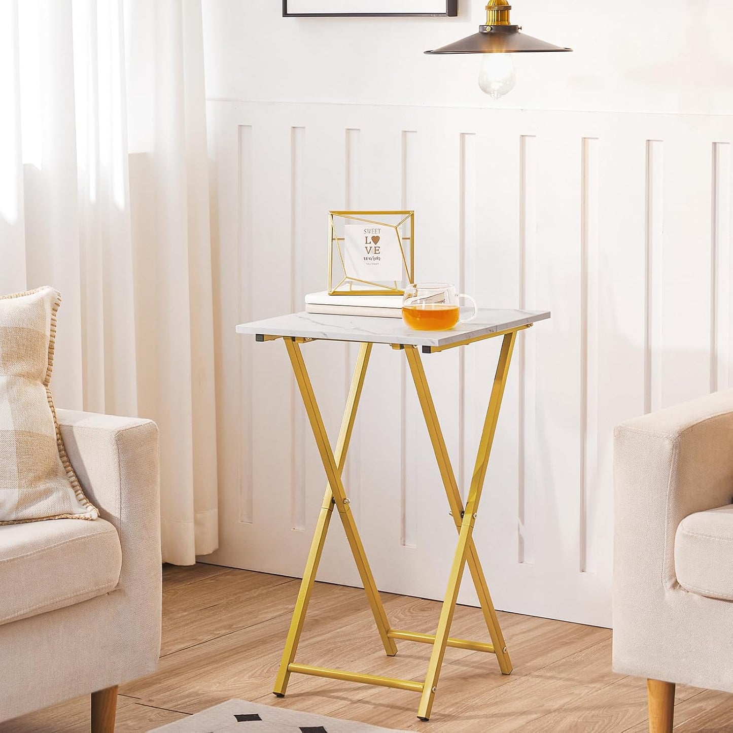 HOOBRO Folding TV Tray Tables, Set of 2 Wooden TV Tray, Portable Sofa Side Table, Industrial Snack Table End Table for Small Spaces, Space-Saving, Easy to Install and Fold, Marble and Gold DM27BZP201