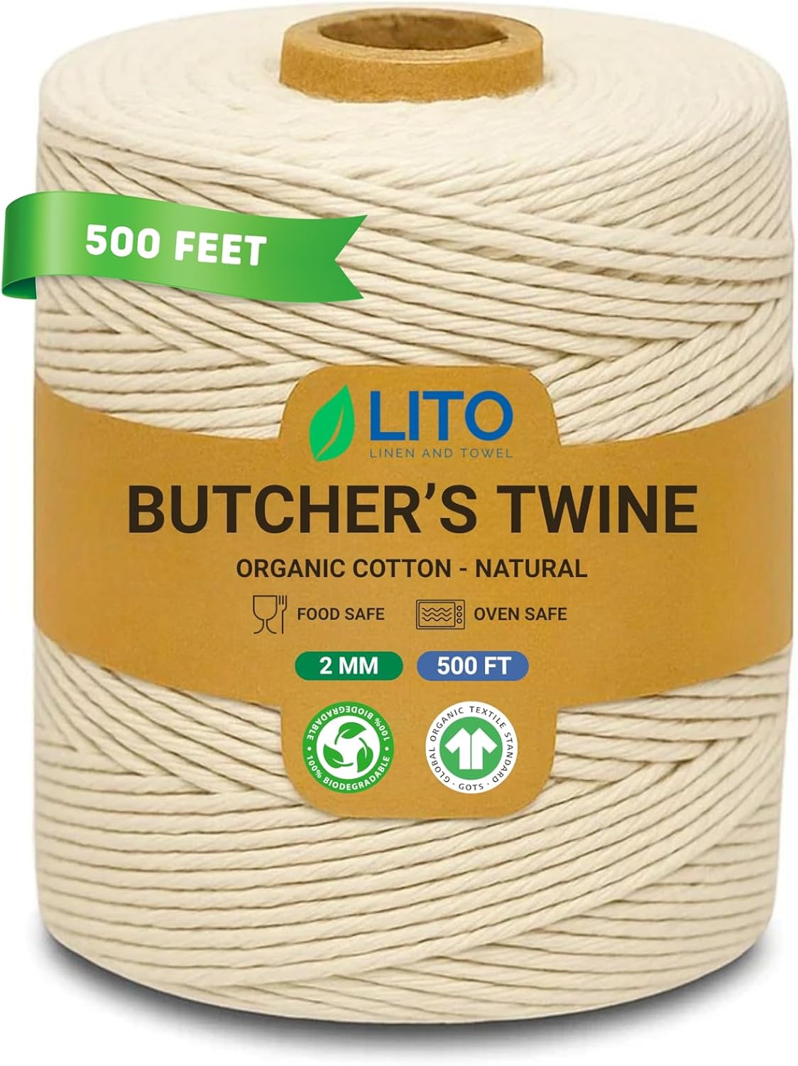 Organic Butcher’s Twine for Cooking & Trussing – 2mm Heavy-Duty Natural Cotton Kitchen Twine 500 Feet – Food-Safe, Oven-Safe String for Meat, Turkey, Baking, & Crafts