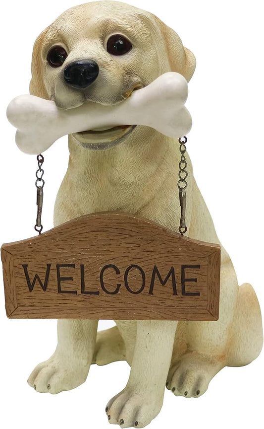 Nature's Mark Labrador Retriever Dog Puppy Statue with Reversible Welcome Sign and Go Away Sign Resin Garden Decor 12" H