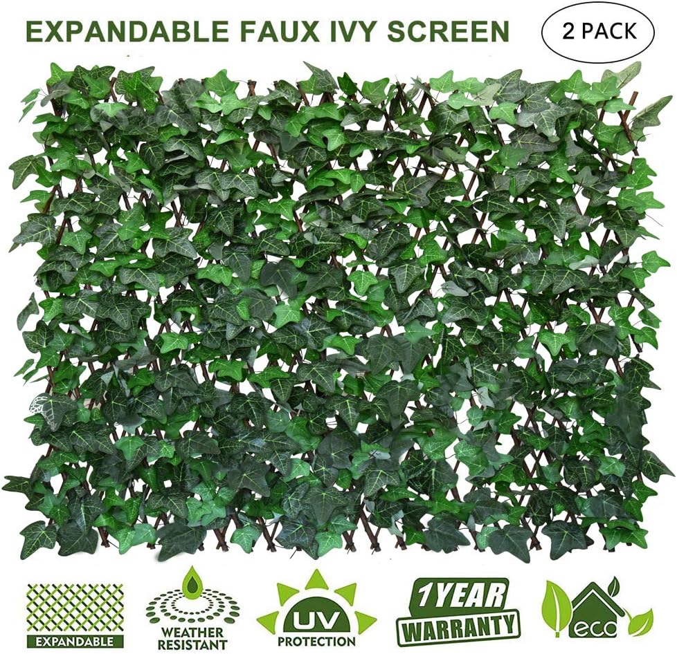 Expandable Faux Ivy Fence,Artificial Privacy Screen Decor for Outdoor Wall, Balcony and Patio, Single Sided Leaves (2, Green-Ivy)