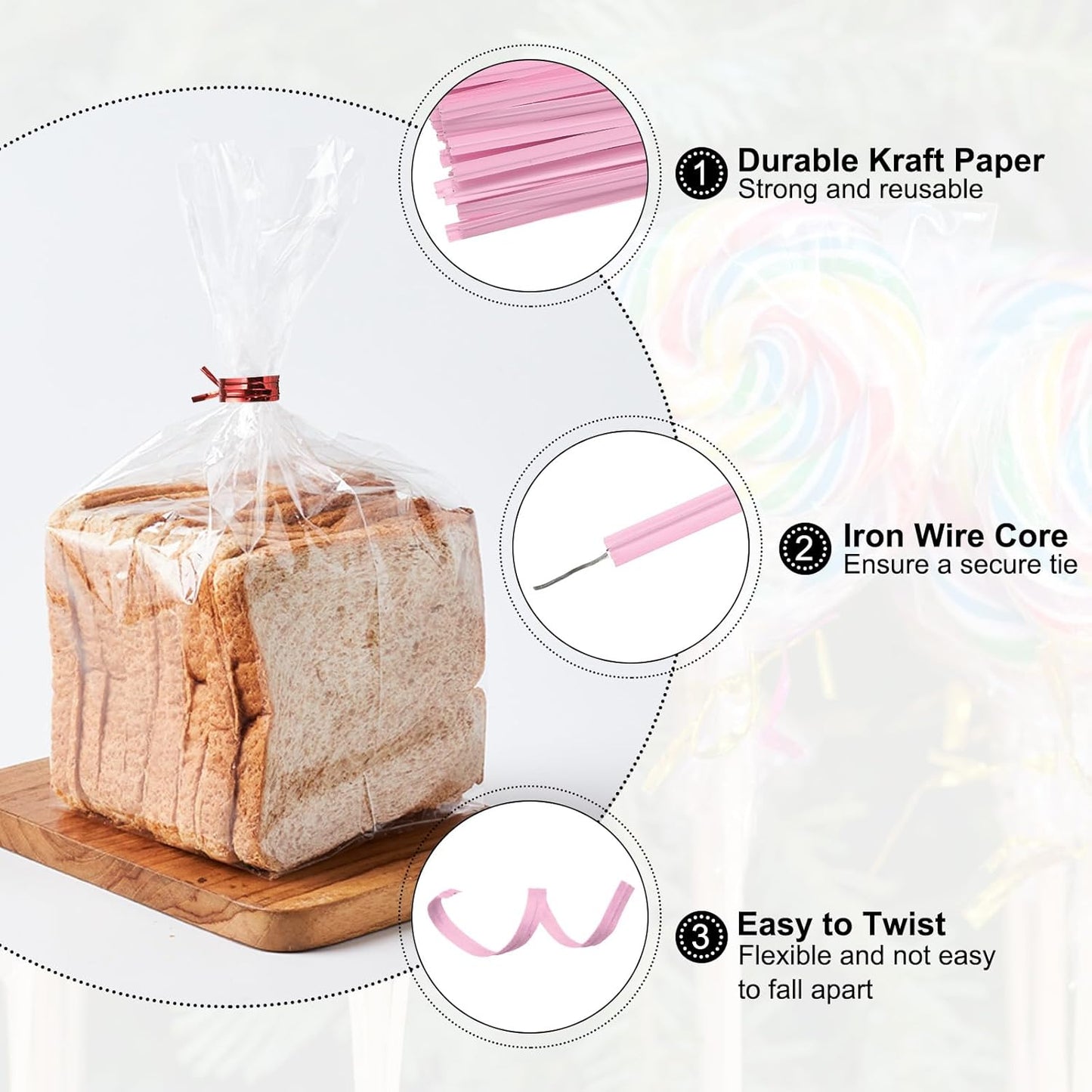 HARFINGTON 1000pcs Bag Twist Ties 3.5" Reusable Kraft Paper Twist Ties Wire Cable Ties for Party Bread Candy Cake, Light Pink