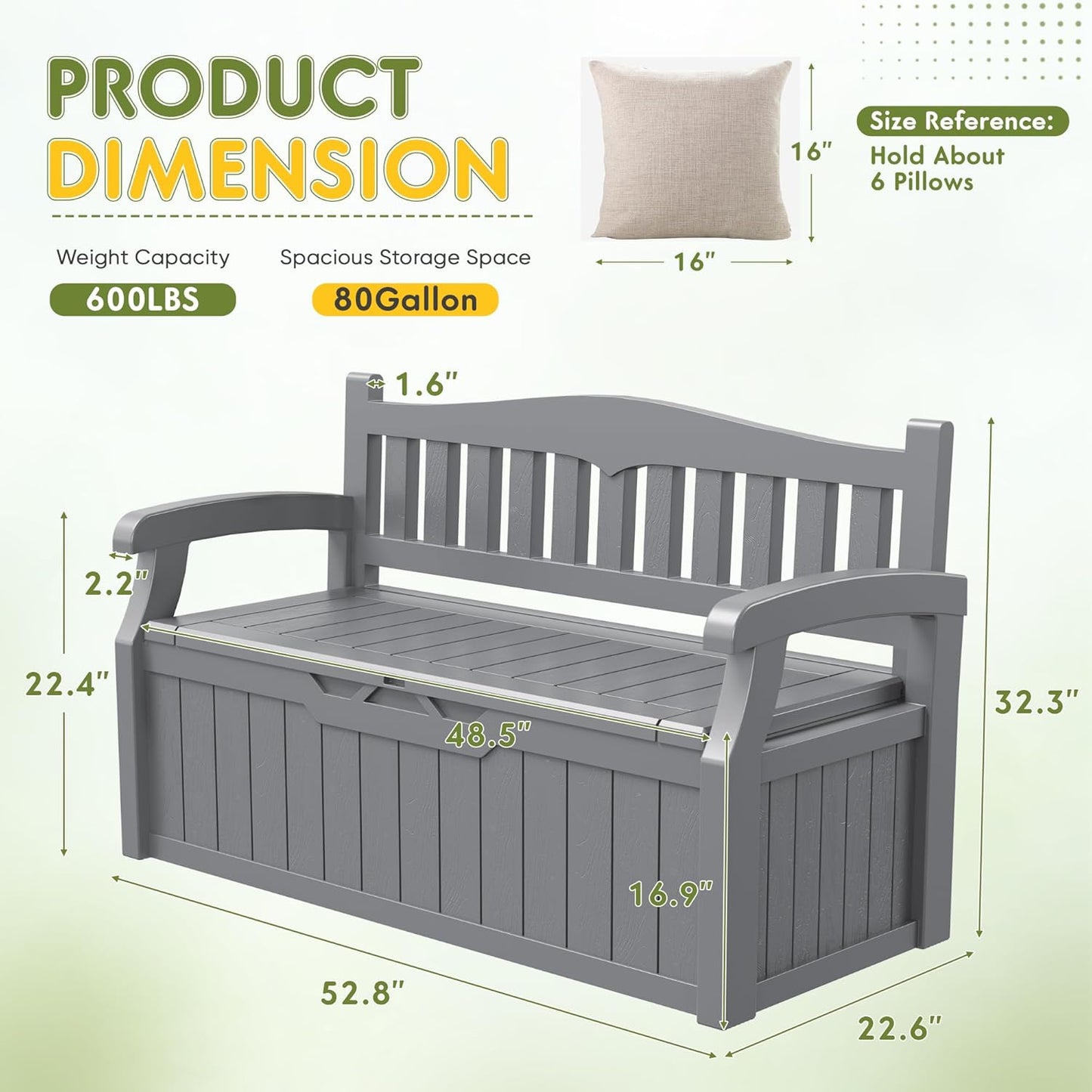 Greesum 80 Gallon Storage Bench Outdoor Deck Box with Armrest, Patio Furniture,Lockable, Waterproof and UV Resistant, Suitable for Garden, Pool, Grey