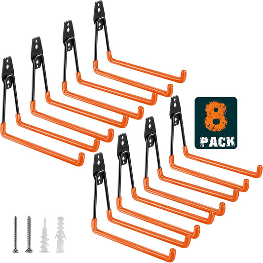 Heavy Duty Garage Hooks 8 Pack, 7.7 inch U Shaped Long Hanger, Wall Mounted Storage System, Power and Garden Tool Organizer, for Hanging Ladders, Bikes, Hose, Bulk Items and More