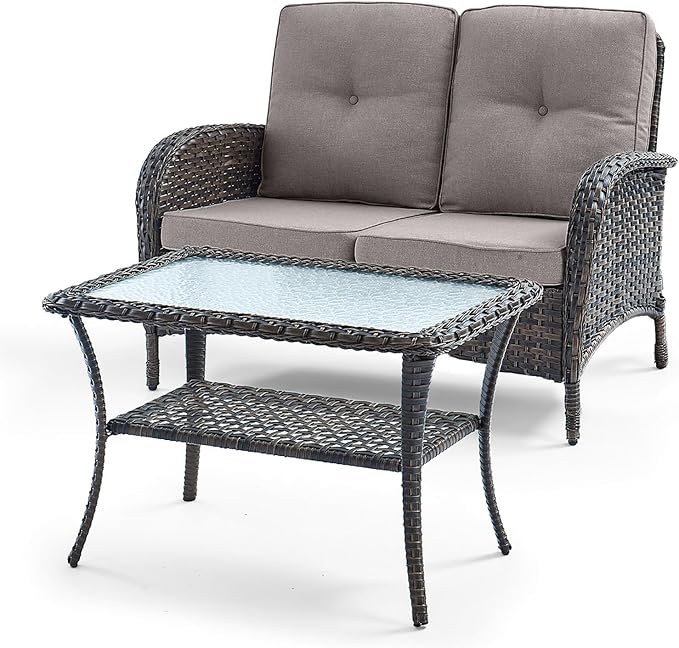 HUMMUH Outdoor Loveseat Sofa 2-Seat PE Wicker Outdoor Couch with Coffee Table,Deep Seat High Back Outdoor Patio Furniture for Patio,Garden,Porch,Deck(Grey)