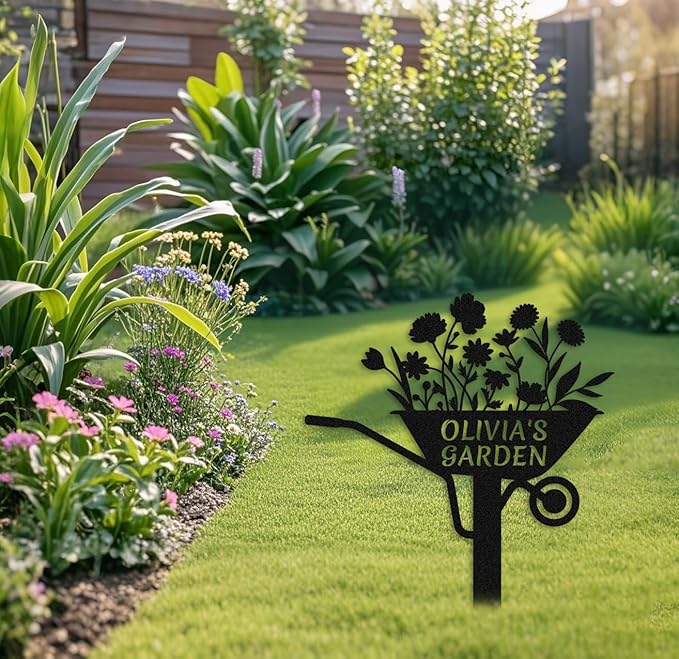 Personalized Metal Flower Garden Sign with Stake,Garden Cart Metal Art,Black Decor for Outdoor,Patio Yard Decor,Gifts for Gardeners style 13