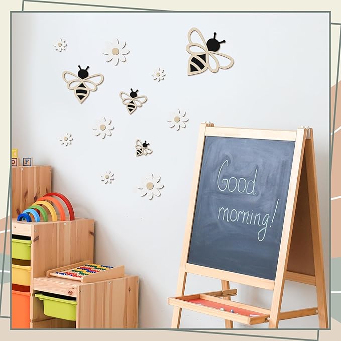 12 Pieces Wooden Bee Decor Farmhouse Honey Bee Daisy Wall Art Hanging Floral Wall Sign for Nursery Indoor Outdoor Garden Yard Kitchen
