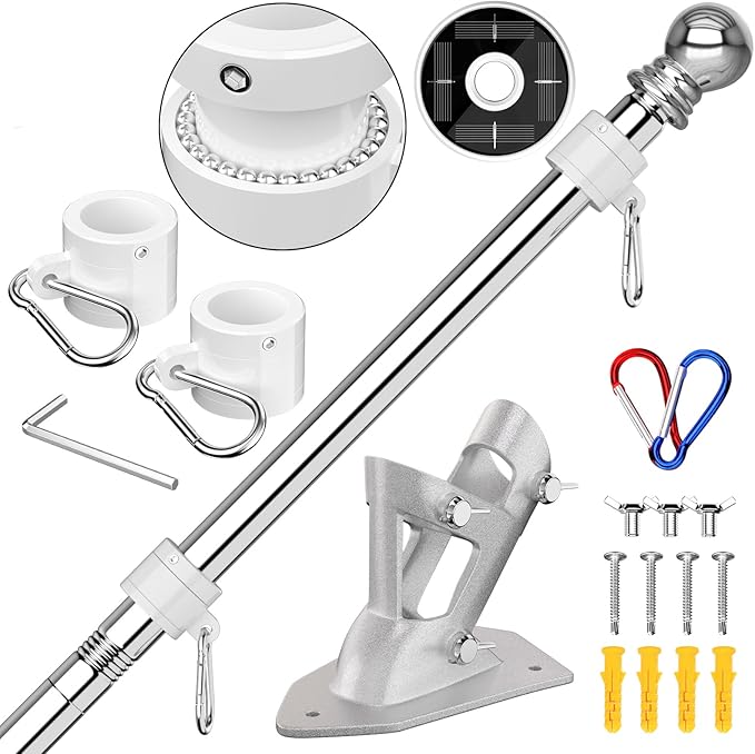 ZMTECH Flag Pole with Solar Light - Adjustable Bracket, 6 FT Stainless Steel Flag Poles for Outside House, Garden or Yard, Tangle Free Flagpole Kit for American Flag (Without Flag, Silver)