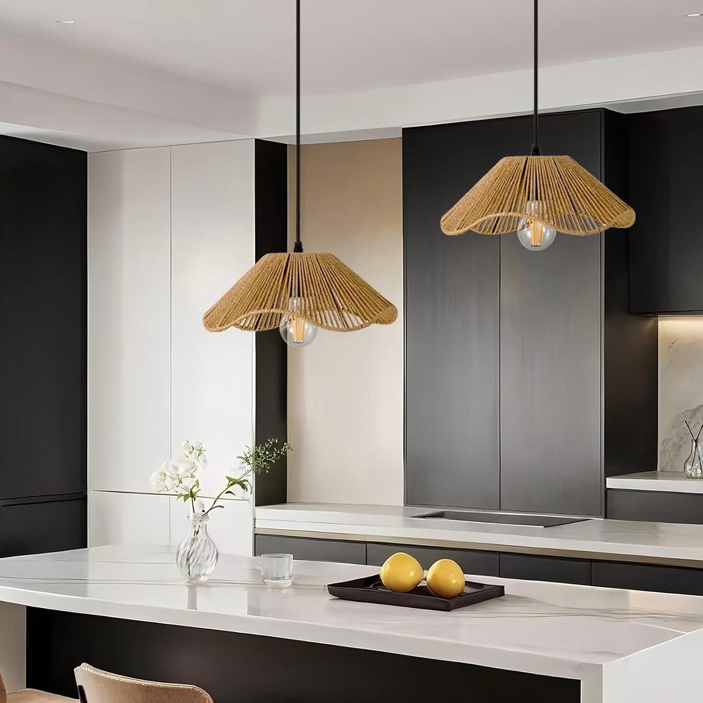 TERLEENART Hard Wired Rattan Pendant Lights Set of 2,Kitchen Island Pendant Lights with 12” Flower Shade,Boho Handwoven Paper Rope Rattan Ceiling Light for Living Room Dining Room Restaurant Foryer