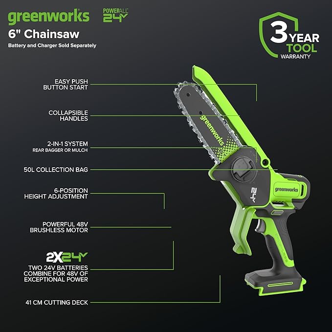 Greenworks 24V 6in BL Pruning Saw w/Auto Oiler, Tool Only