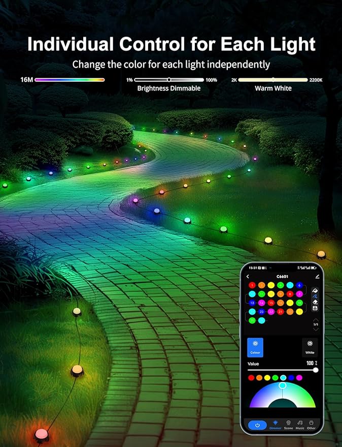 APPECK Smart Outdoor Ground Lights 15 Pack, 32FT RGBW Color Changing Pathway Lights Wired, IP65 Waterproof Landscape Lighting, for Path Yard Lawn Patio Holiday Party Decor, with App & Alexa Control