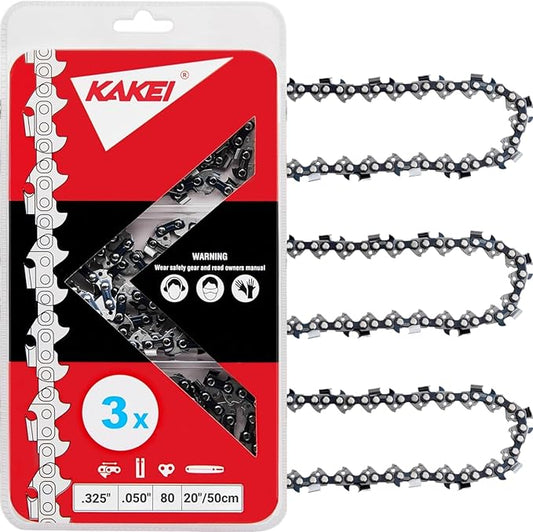 KAKEI Husqvarna Chainsaw Chain 20 Inch .325" Pitch .050" Gauge 80 Drive Links Fits Husqvarna 450 (Rancher), 545 (Rancher), 550 (XP), Craftsman, Jonsered (3 Chains) - Full Chisel