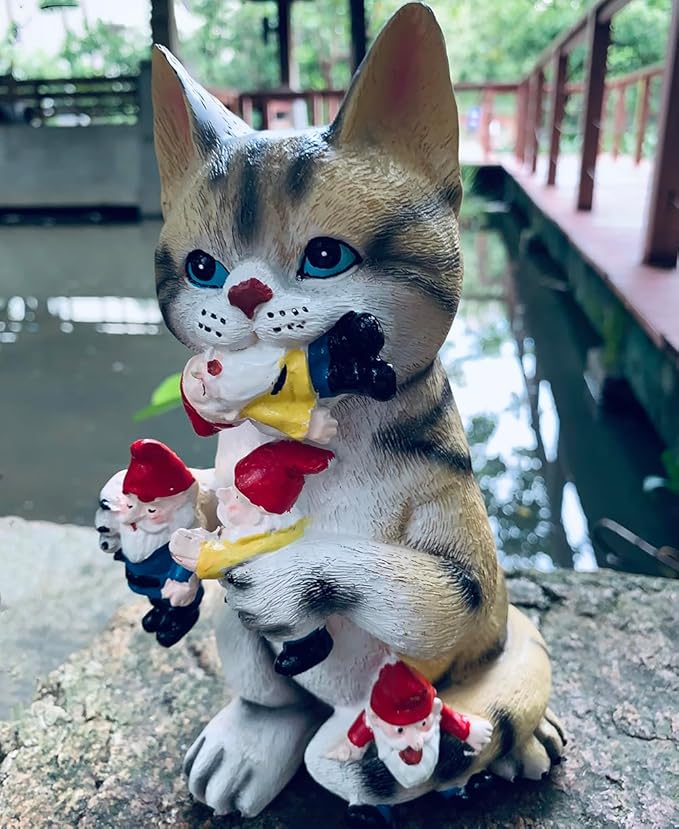 Garden Cat Eating Gnomes Statues Funny Gnome Decor for Outdoor Patio Lawn Yard Decor (cat Eating)
