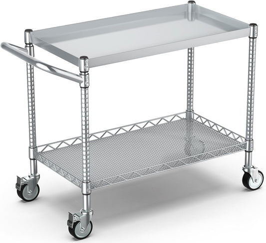 Leteuke 2 Tier Utility Tool Cart with Wheels, 900LBS Capacity Heavy Duty Rolling Utility Carts with Handle, Commercial Grade Metal Serving Storage Cart for Warehouse Garage Kitchen,Silver