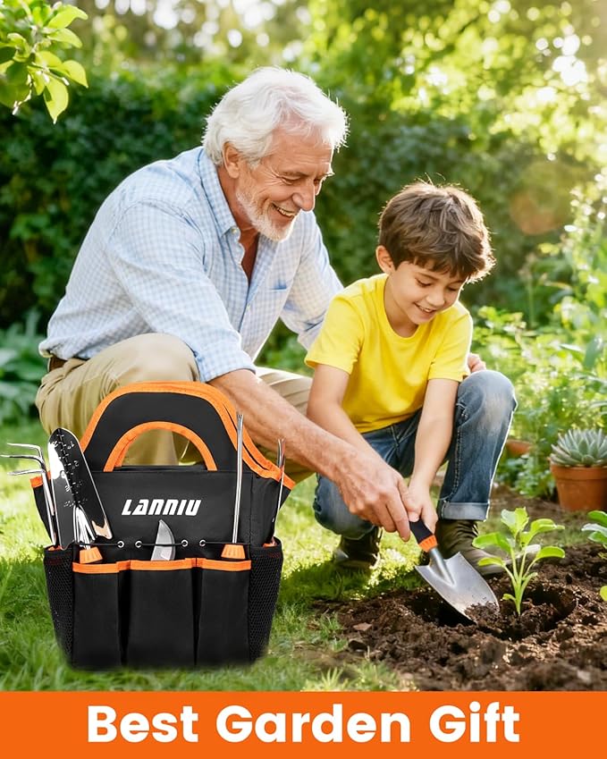 Garden Tool Set, 7 Piece Stainless Steel Heavy Duty Gardening Tool Set, with Non-Slip Rubber Grip, Storage Pocket, Ideal Garden Tool Kit Gift for Women/Parent (7-Piece Set)