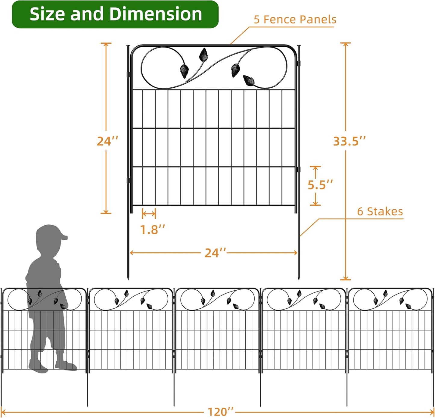 Decorative Metal Garden Fence 24in(H) X10ft(L) 5 Panels Leaf Black Rustproof Wire Border Fence for Landscape Patio Flower Bed Garden Fencing Panel Animal Barrier for Dogs