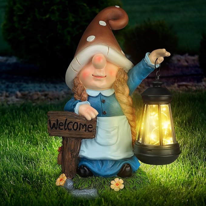 Solar Large Gnome Garden Statue with Welcome Sign Outdoor Decor with LED Lantern Funy for Porch Yard Patio Lawn Ornament Christmas Housewarming Gardening Gift