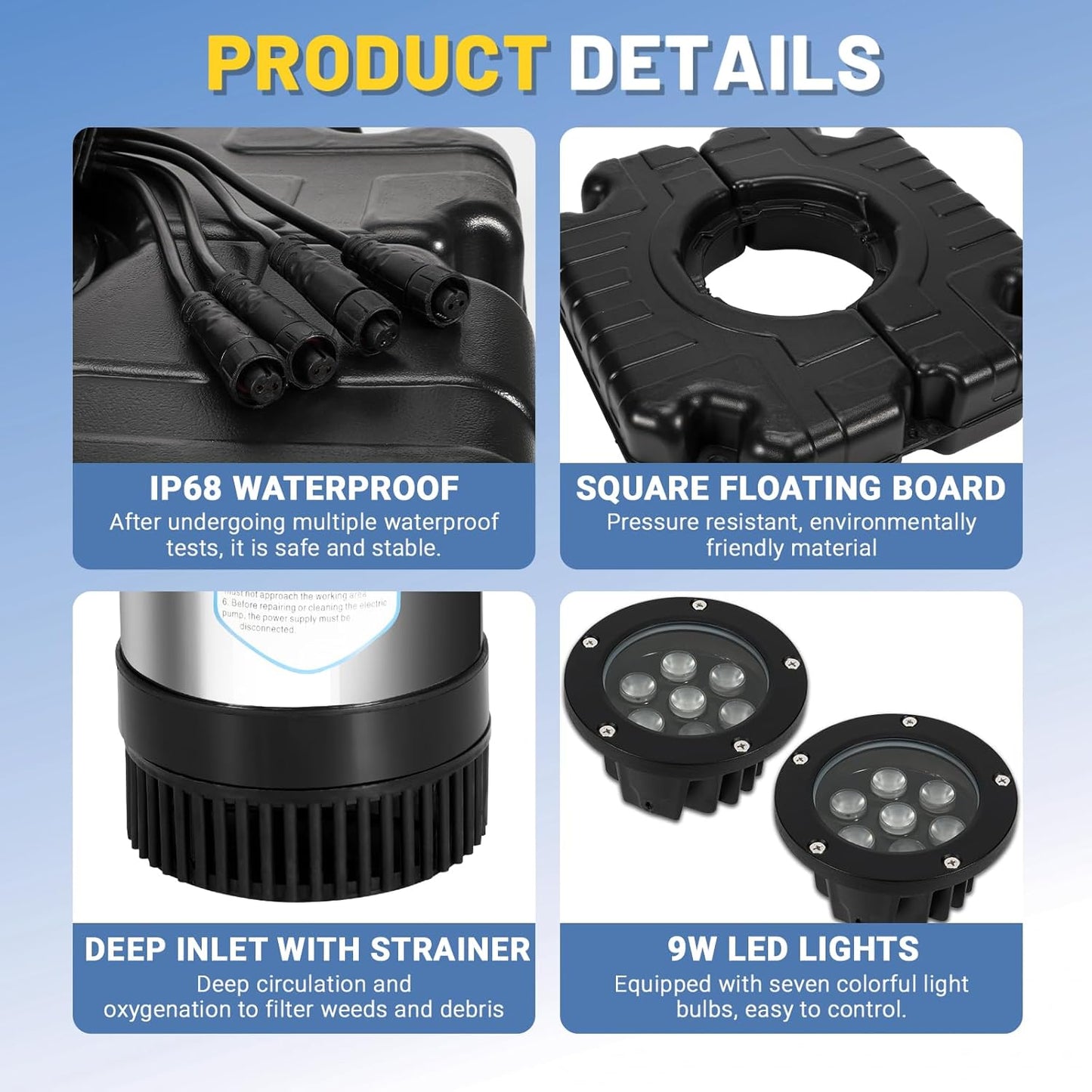 Pond Fountain Aerator with 2-Lights, 1HP 750W Dual Lights RGB LED Remote Control Floating Water Pump - Fit for Large Small Outdoor Ponds Lakes - 100 FT Power Cord 15000 GPH 110V-120V